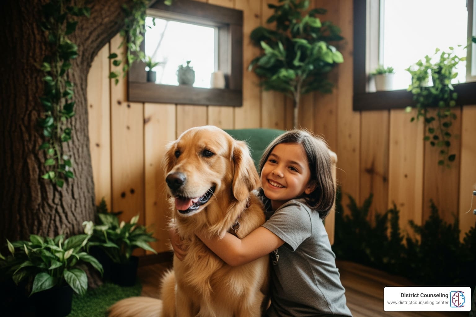 Tree House ESA therapy child hugging golden retriever in nature-inspired therapy room